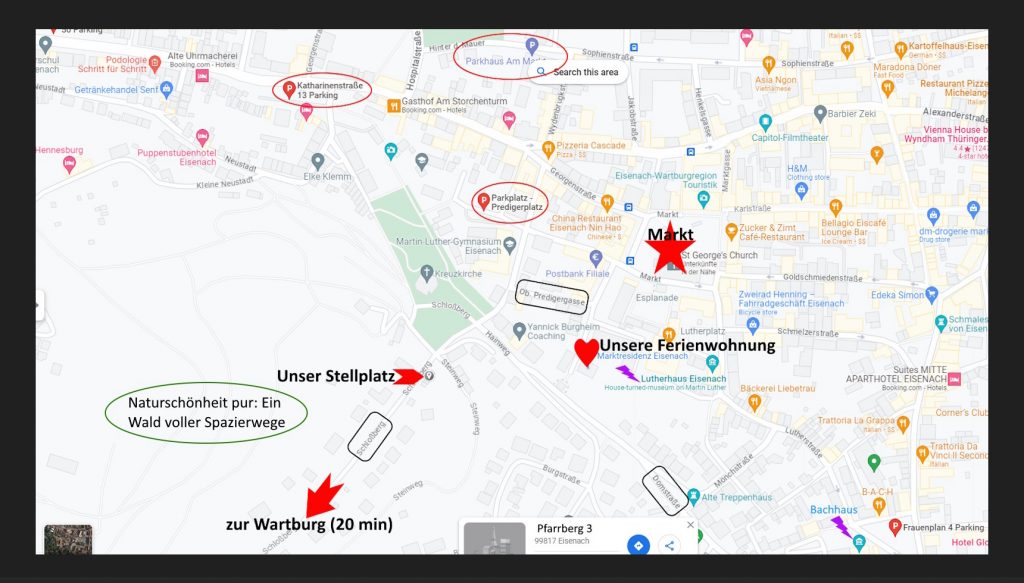 Lagekarte der Ferienwohnung Pfarrberg Eisenach mit Markt, Wartburg und Parkhäusern