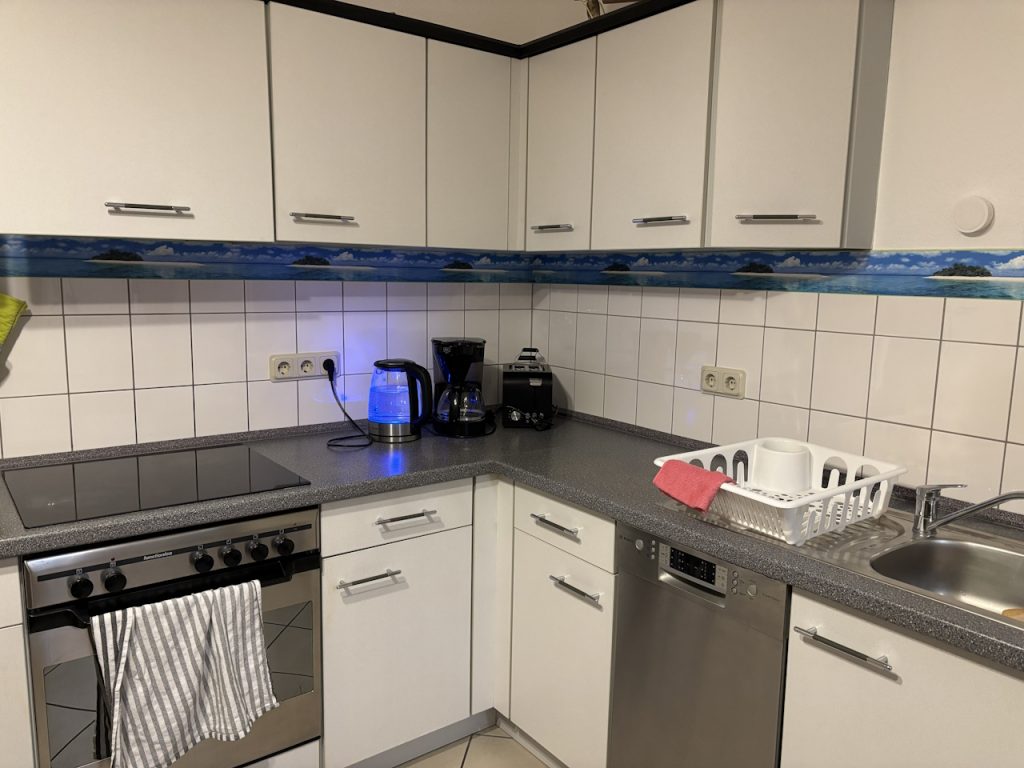 Küchenschränke, Spülmaschine und Herd mit Glastür in der Ferienwohnung Pfarrberg Eisenach